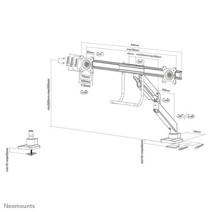 Neomounts NM-D775DX wit is een gasgeveerde bureausteun met crossbar en hendel voor flat screens t/m 32 inch (81 cm).