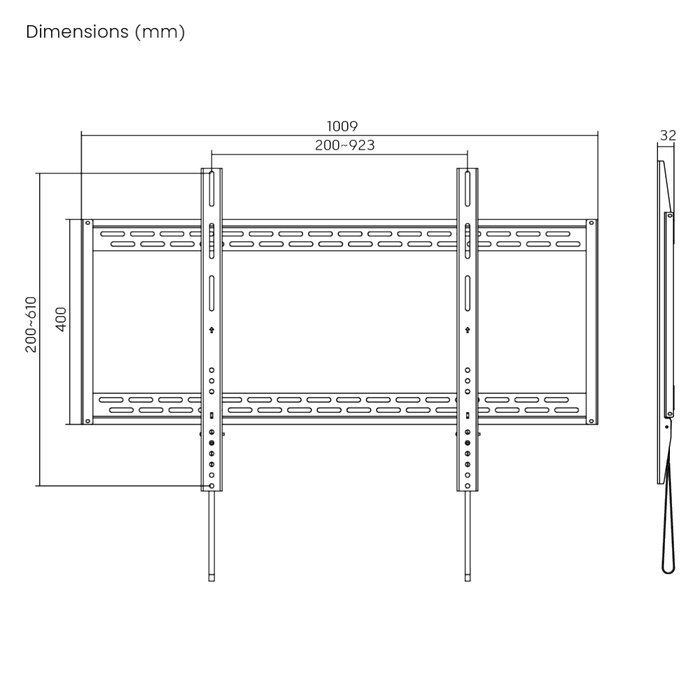 Wolff Mount Heavy Duty platte muurbeugel voor Samsung 75–100 inch – maattekening